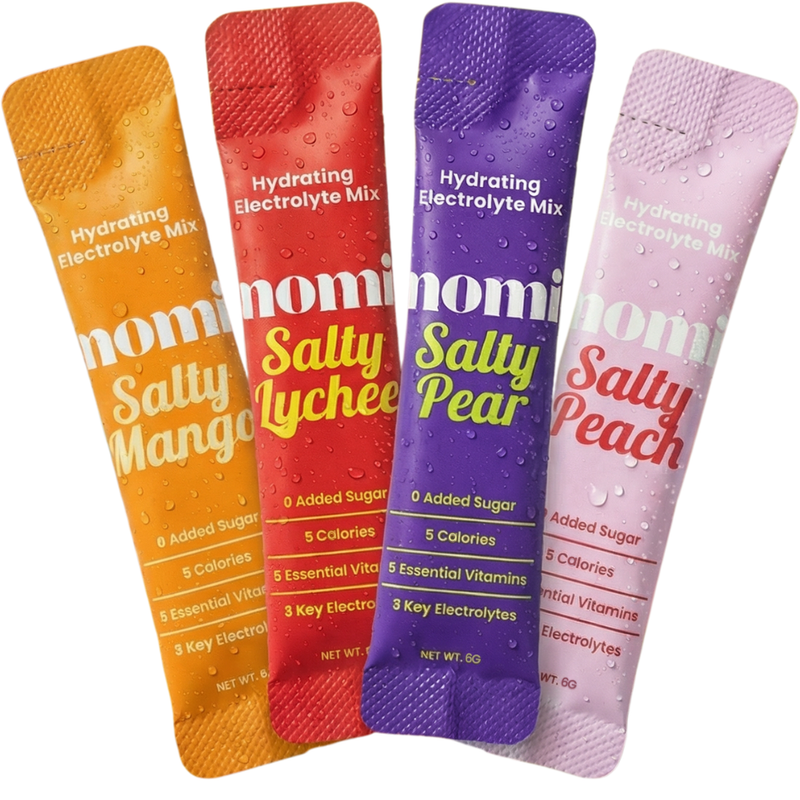 NOMI electrolyte sachets with 3 key electrolytes and 5 essential vitamins